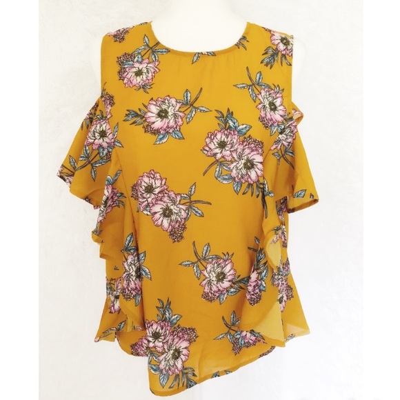 Japna Tops - {NWT Japna} Gold Floral Ruffle Sleeveless Blouse